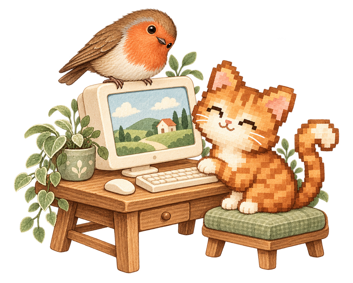 Pip the robin perched on a little computer while Pixel the ginger pixel cat sits at the keyboard